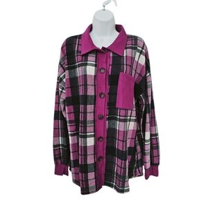 New Heimish USA Plaid Button Up Womens Jacket Flannel Shacket Top Size L Pink